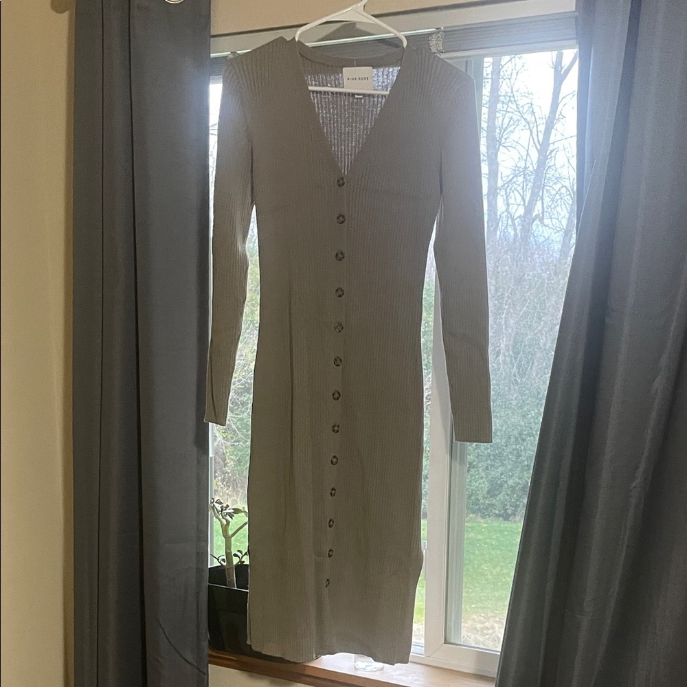 Pink Rose Beige Long Sleeve Button Dress